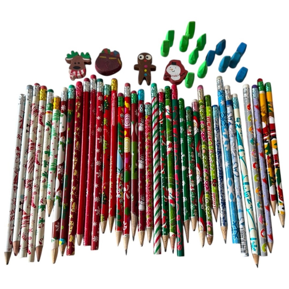 Christmas Pencils  Erasers Holiday Vintage‎ y2k School Classroom Supplies B20Q